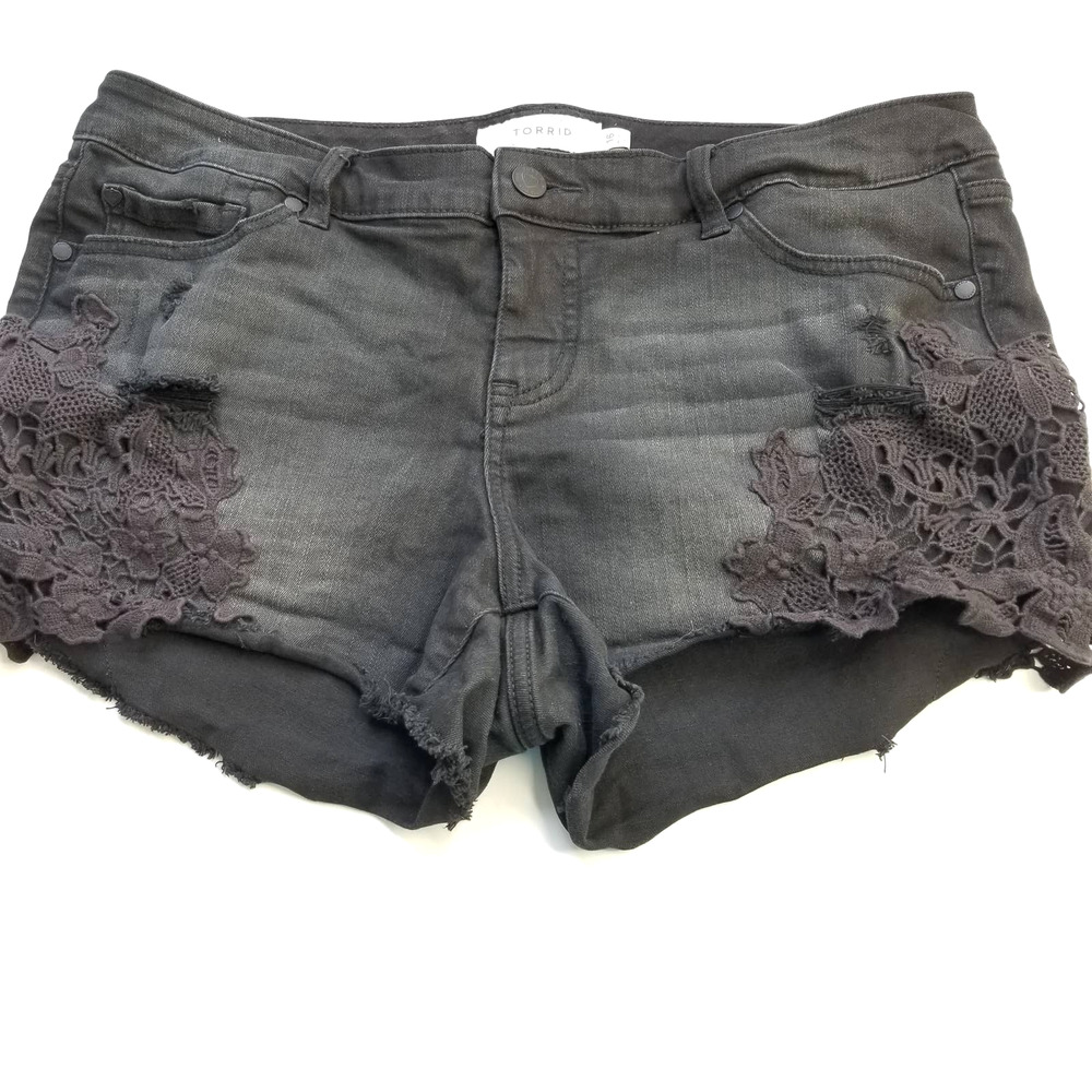 Torrid Black Distressed Denim Shorts Lace 16